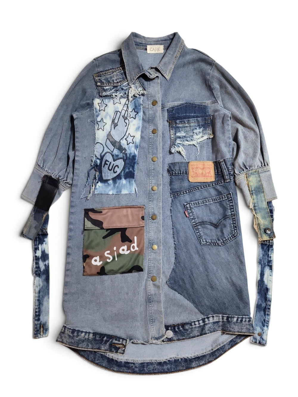 Crafted with Care Upcycled Levi Patchwork Denim Longline Jacket - Small Oversize